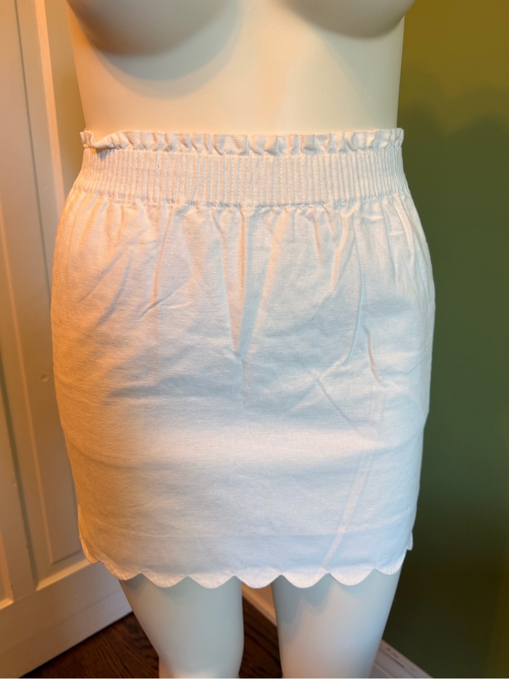 J. Crew White Linen Scallop-Hem Elastic Waist Mini Skirt